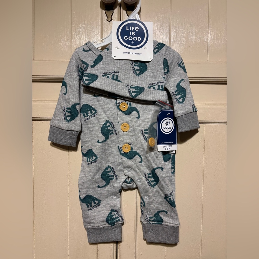 Life Is Good 0-3 mon Dinosaurs one piece and hat set NEW NWT